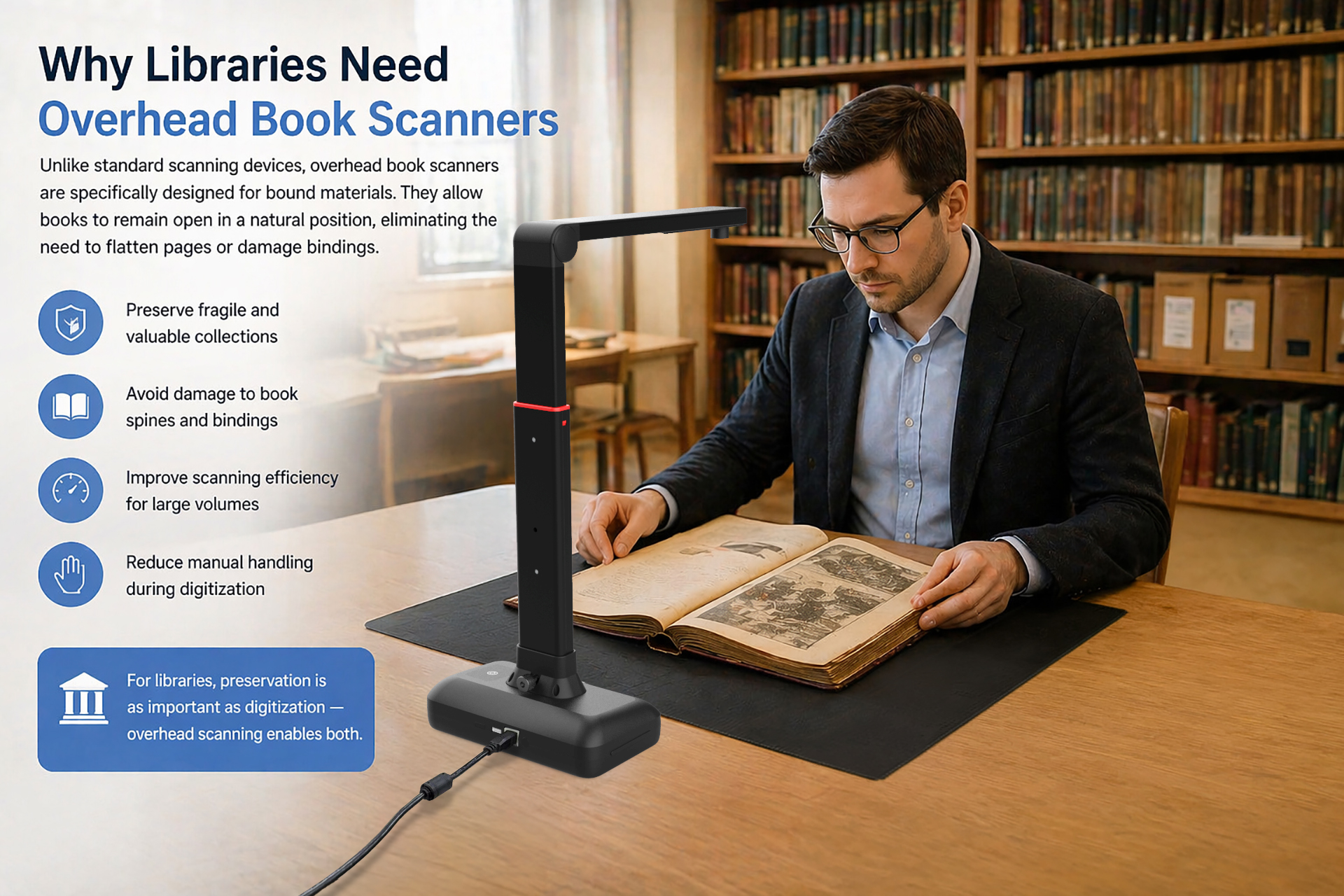Library digitization workflow using overhead book scanning technology