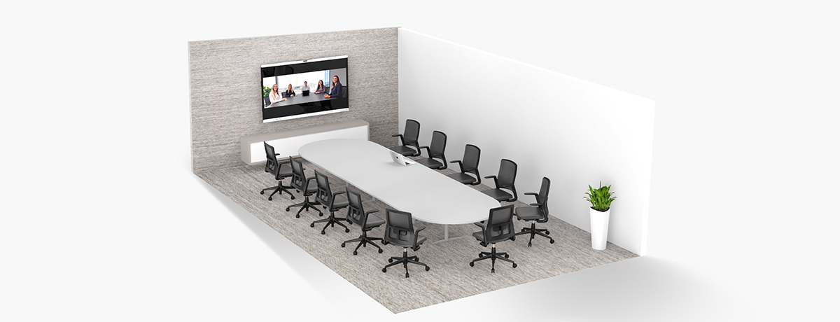 Medium meeting room using multi-camera AI interactive display for speaker tracking and participant views