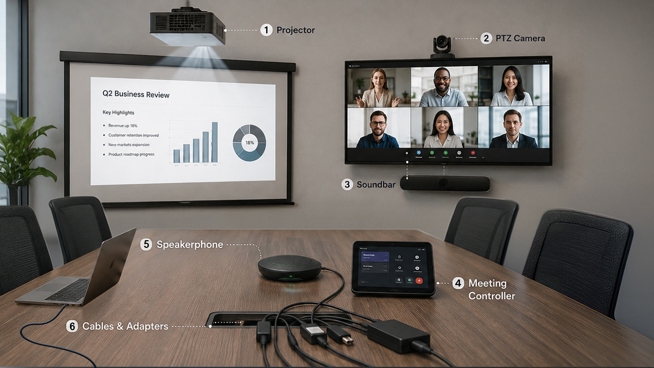 Traditional meeting room setup with projector, PTZ camera, soundbar, speakerphone, meeting controller, cables, and adapters