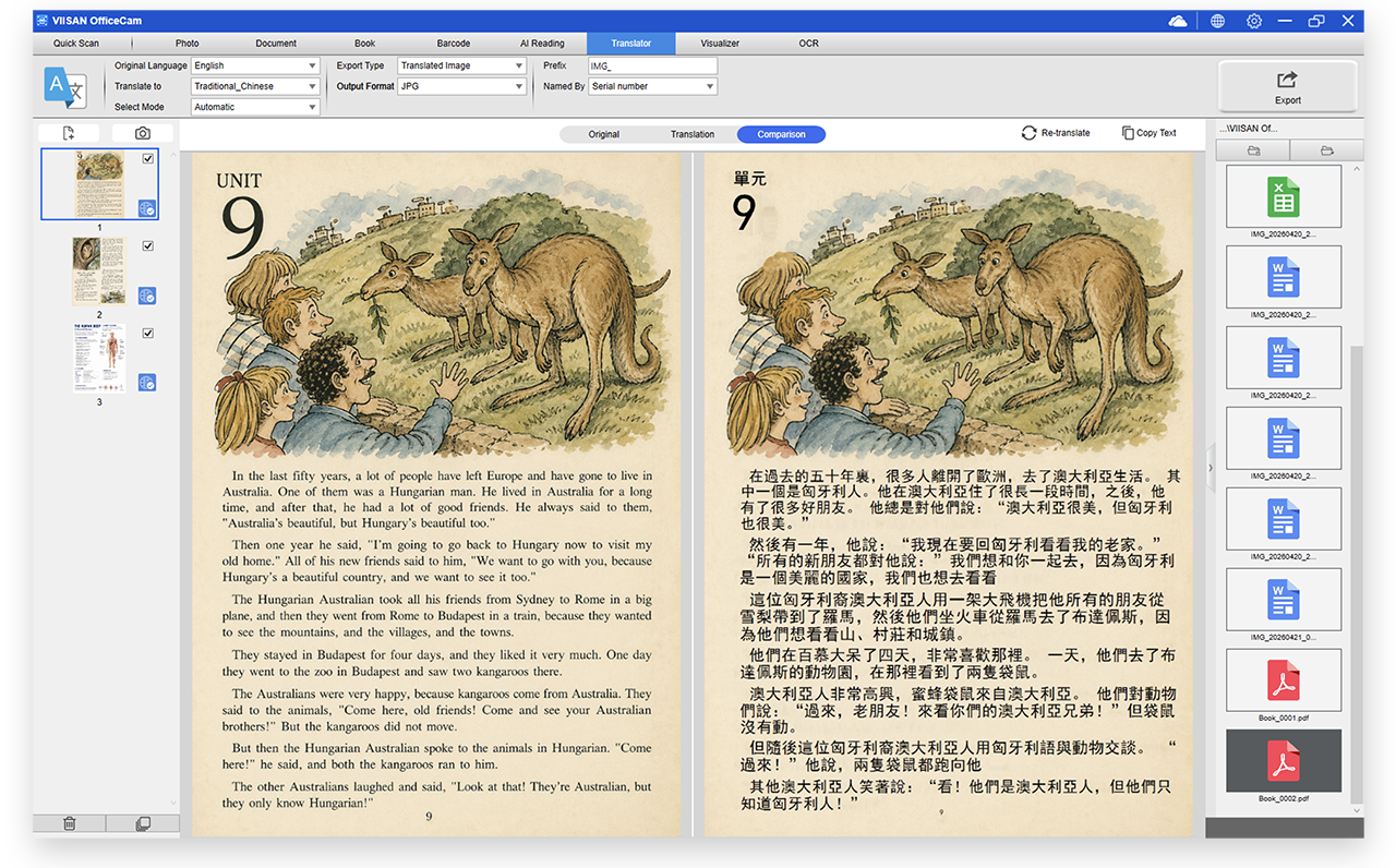 OfficeCam image translation feature with full-page translation and selected area translation