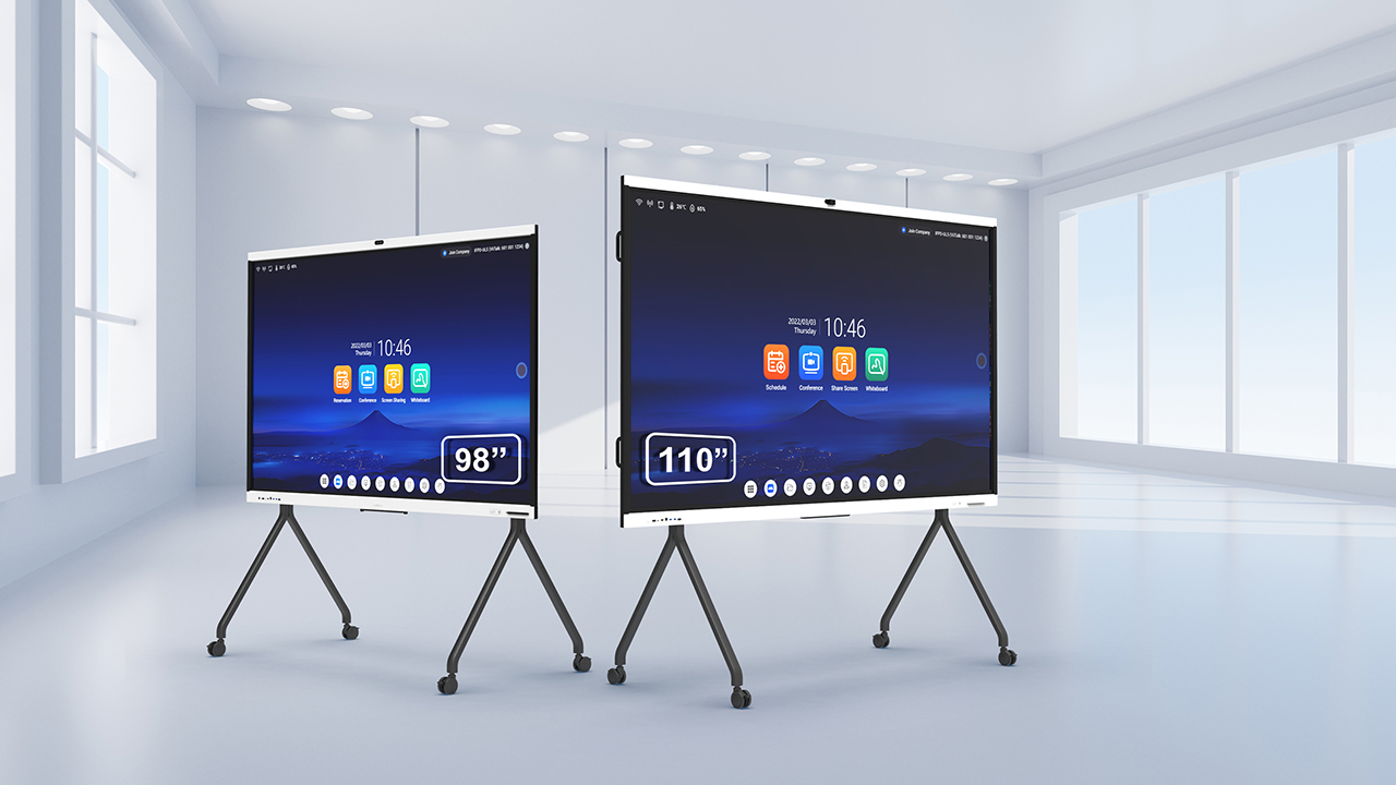 KZH02 Mobile Floor Stand showing compatibility with large 98 to 110 inch displays