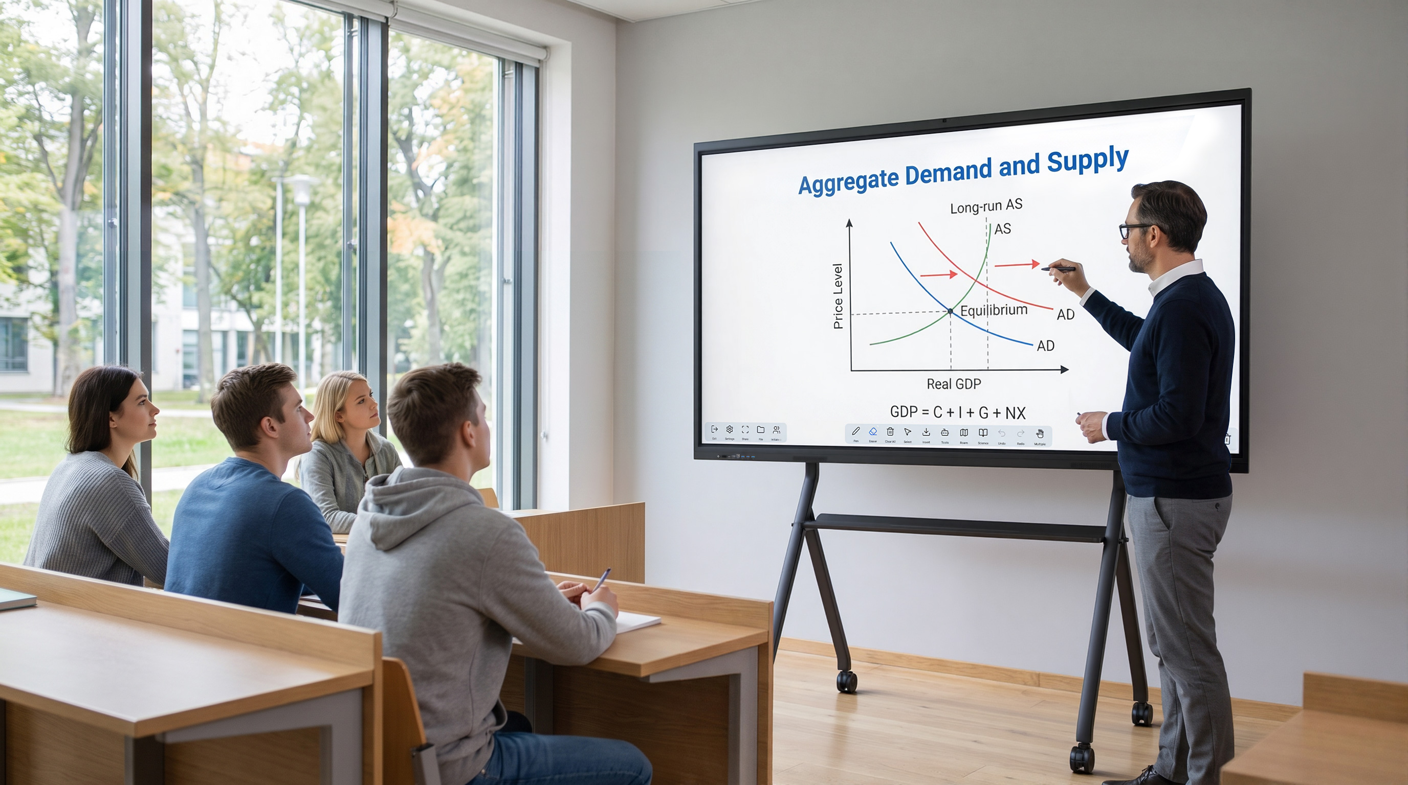 Instructor explaining an economics chart on the VIISAN FL-K6 in a training room