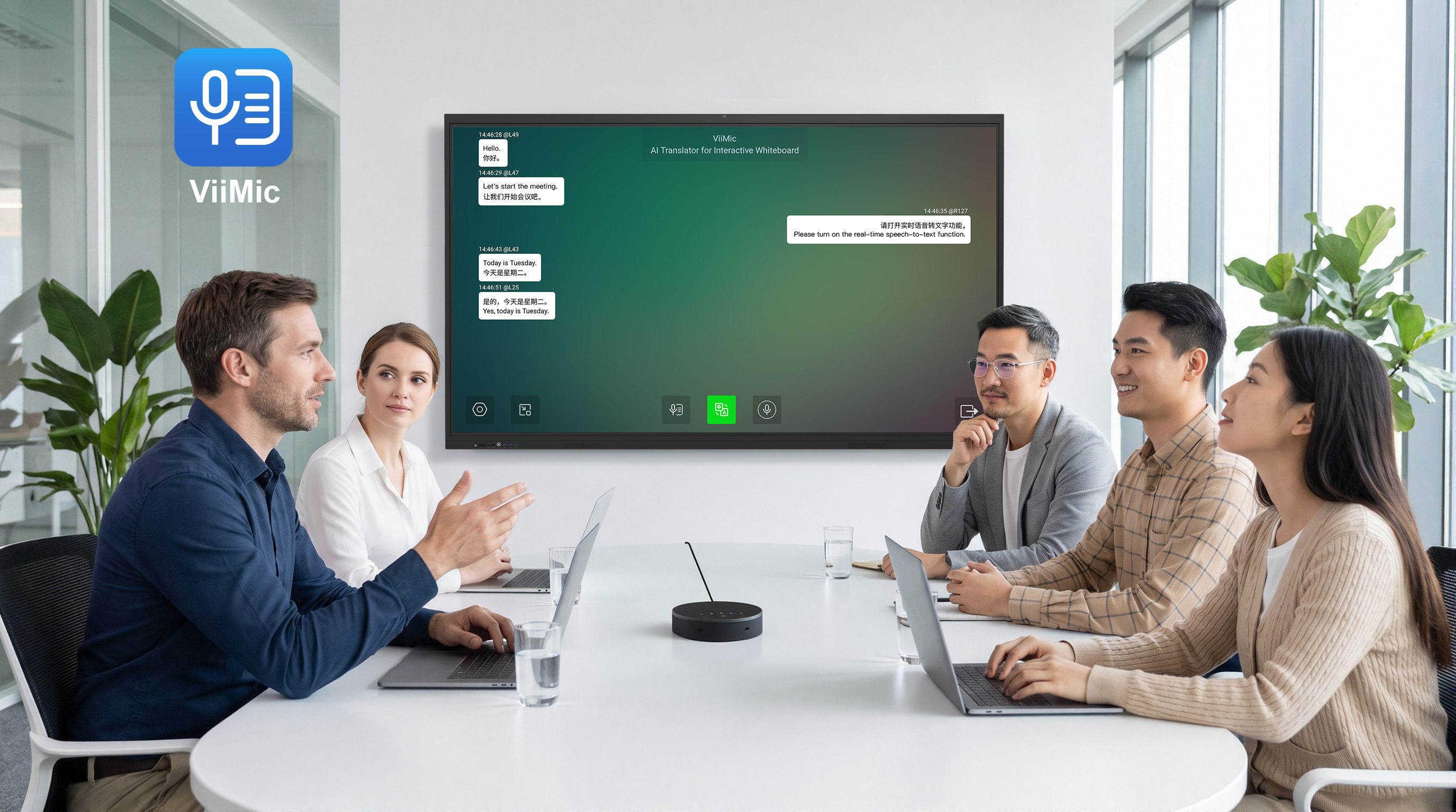 International participants using ViiMic two-way AI translation during a video meeting on the MYSHER FL-K6